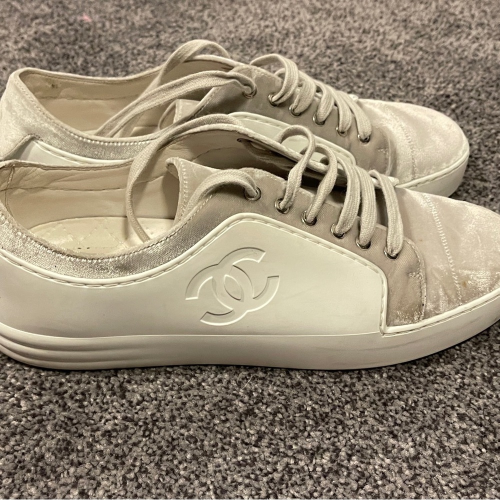 Chanel womens sneakers. Matte white with light grey velvet. So gorgeous!